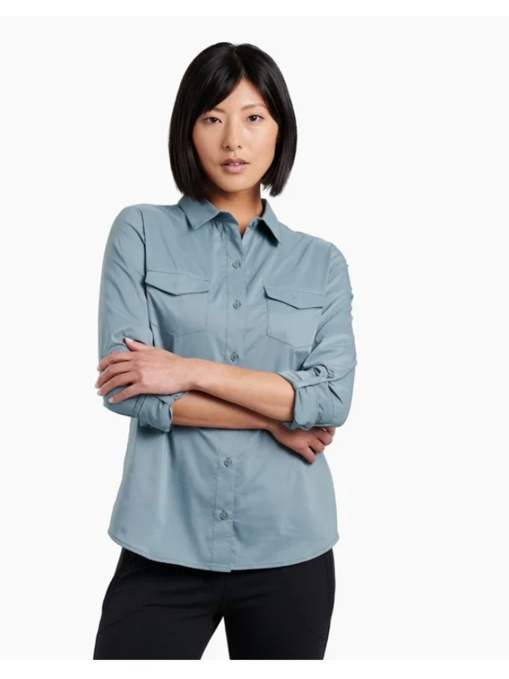 Kuhl Kamp Long Sleeve Roll Tab UPF 30+ Button Front Top Large Sage Blue